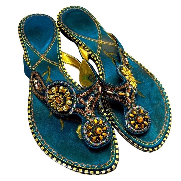 John Fashion Colorful Turquoise Flip Flop Low Heel Boho Sandals - Picture 1 of 6